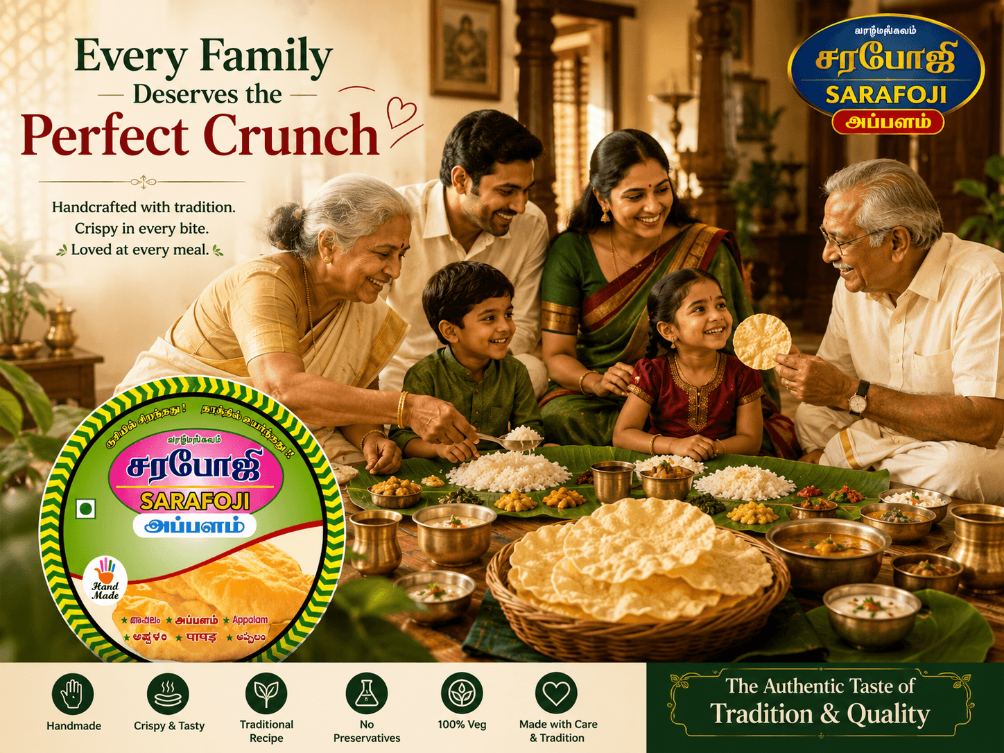 A family enjoying appalam together with a full traditional meal
