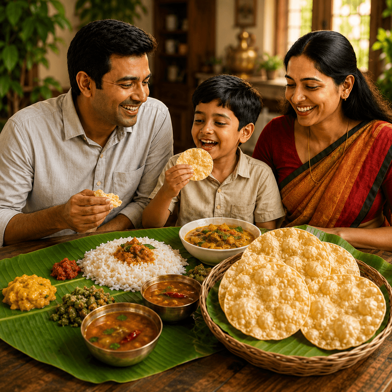 Family enjoying a traditional meal with Sarafoji Appalam